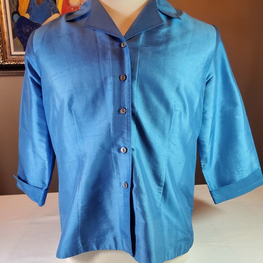 Notations Womens Medium Bright Blue Silk Button Down Blouse Shirt Top